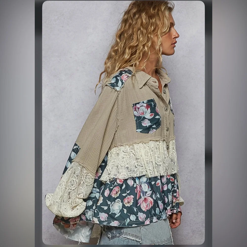 POL grey gauze crochet lace stitched flower floral cotton button jacket coat - Picture 7 of 7